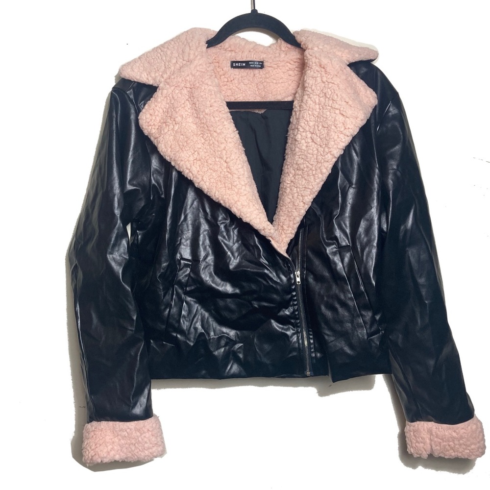Black Faux Leather Pink Sherpa Jacket Size Medium